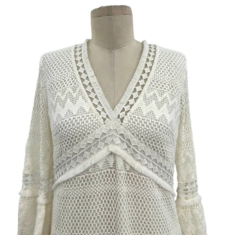 Shoshanna Ivory Chevron Crochet Bell Sleeve Mini Dress White Cream Size 2 - Picture 2 of 7